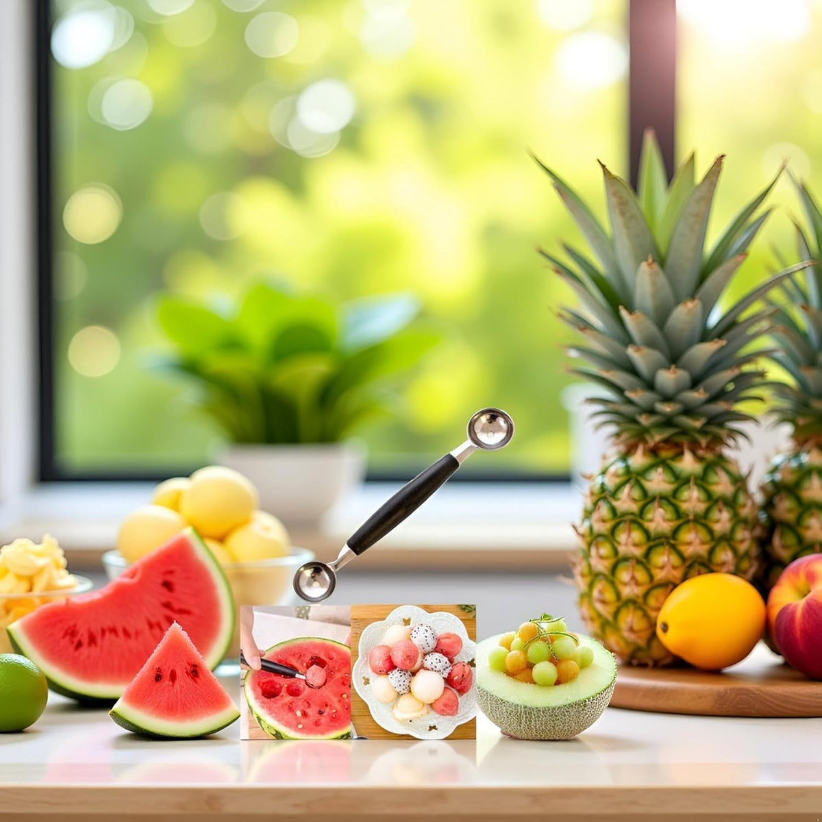 2-in-1 Stainless Steel Melon Baller - Double-Sided Fruit Scoop with Ergonomic Non-Slip Handle for Watermelon, Cantaloupe and Professional Kitchen Use