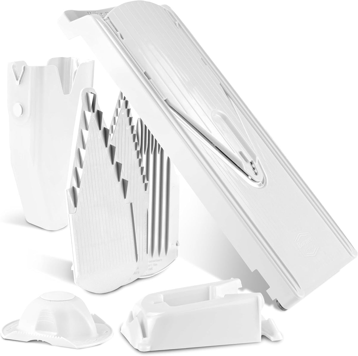 Mandoline Food Slicer V3 (Profi Set) by Reston Lloyd • V-Slicer with 4 Inserts, Docking Station & Food Holder • Made in Germany • Fruit & Vegetable Chopper • Multiple Settings • Color: White