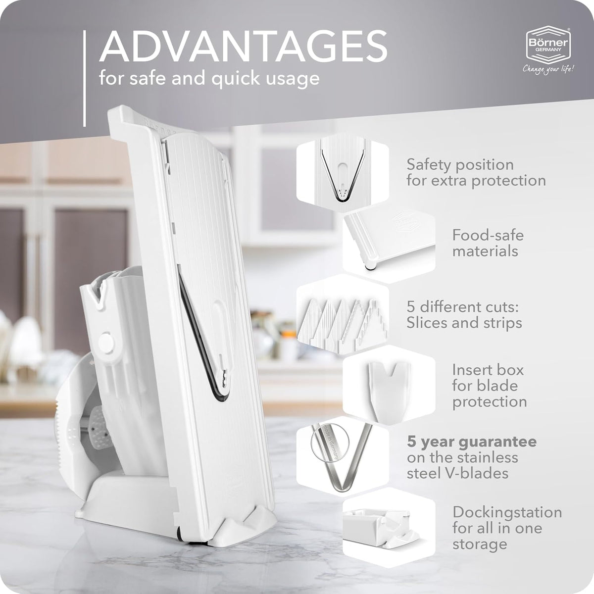 Mandoline Food Slicer V3 (Profi Set) by Reston Lloyd • V-Slicer with 4 Inserts, Docking Station & Food Holder • Made in Germany • Fruit & Vegetable Chopper • Multiple Settings • Color: White