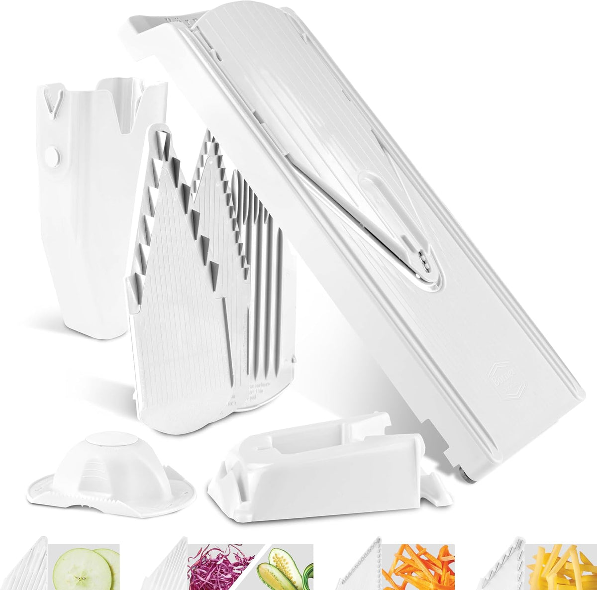 Mandoline Food Slicer V3 (Profi Set) by Reston Lloyd • V-Slicer with 4 Inserts, Docking Station & Food Holder • Made in Germany • Fruit & Vegetable Chopper • Multiple Settings • Color: White