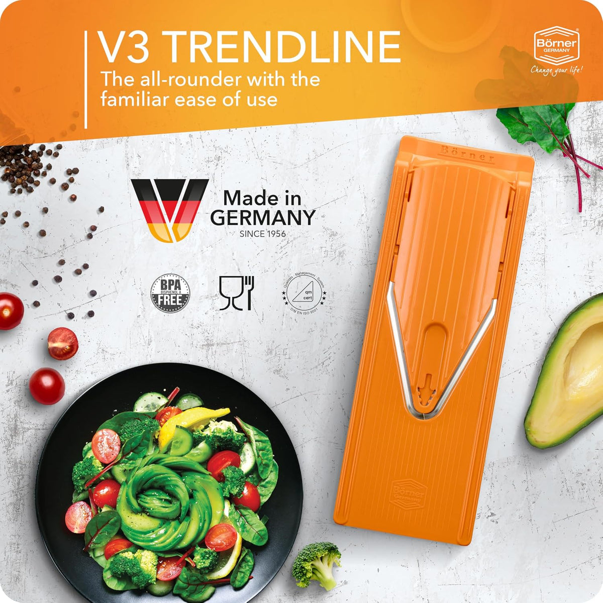 Mandoline Food Slicer V3 (Profi Set) by Reston Lloyd • V-Slicer with 4 Inserts, Docking Station & Food Holder • Made in Germany • Fruit & Vegetable Chopper • Multiple Settings • Color: White
