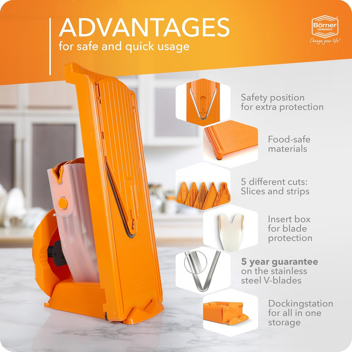 Mandoline Food Slicer V3 (Profi Set) by Reston Lloyd • V-Slicer with 4 Inserts, Docking Station & Food Holder • Made in Germany • Fruit & Vegetable Chopper • Multiple Settings • Color: White