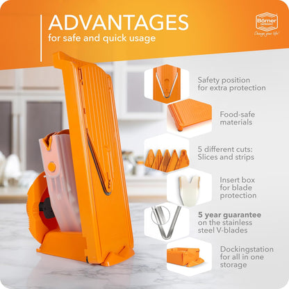 Mandoline Food Slicer V3 (Profi Set) by Reston Lloyd • V-Slicer with 4 Inserts, Docking Station & Food Holder • Made in Germany • Fruit & Vegetable Chopper • Multiple Settings • Color: White