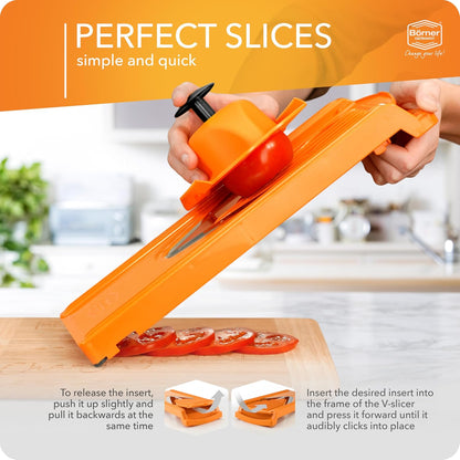 Mandoline Food Slicer V3 (Profi Set) by Reston Lloyd • V-Slicer with 4 Inserts, Docking Station & Food Holder • Made in Germany • Fruit & Vegetable Chopper • Multiple Settings • Color: White