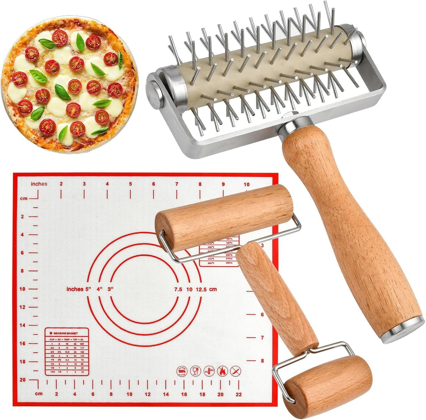Set of 3 Pizza Kit Including Stainless Steel Pizza Dough Roller, Wooden Docker Rolling Pin and Non-slip Silicone Baking Mat, Dough Hole Maker for Cookie Pie Pastry Crust