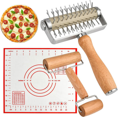Set of 3 Pizza Kit Including Stainless Steel Pizza Dough Roller, Wooden Docker Rolling Pin and Non-slip Silicone Baking Mat, Dough Hole Maker for Cookie Pie Pastry Crust