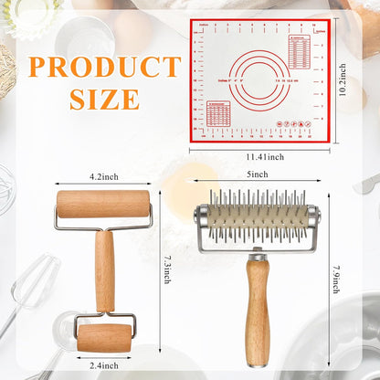 Set of 3 Pizza Kit Including Stainless Steel Pizza Dough Roller, Wooden Docker Rolling Pin and Non-slip Silicone Baking Mat, Dough Hole Maker for Cookie Pie Pastry Crust