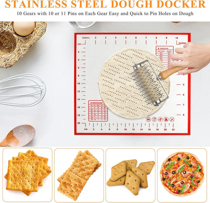 Set of 3 Pizza Kit Including Stainless Steel Pizza Dough Roller, Wooden Docker Rolling Pin and Non-slip Silicone Baking Mat, Dough Hole Maker for Cookie Pie Pastry Crust