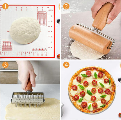 Set of 3 Pizza Kit Including Stainless Steel Pizza Dough Roller, Wooden Docker Rolling Pin and Non-slip Silicone Baking Mat, Dough Hole Maker for Cookie Pie Pastry Crust