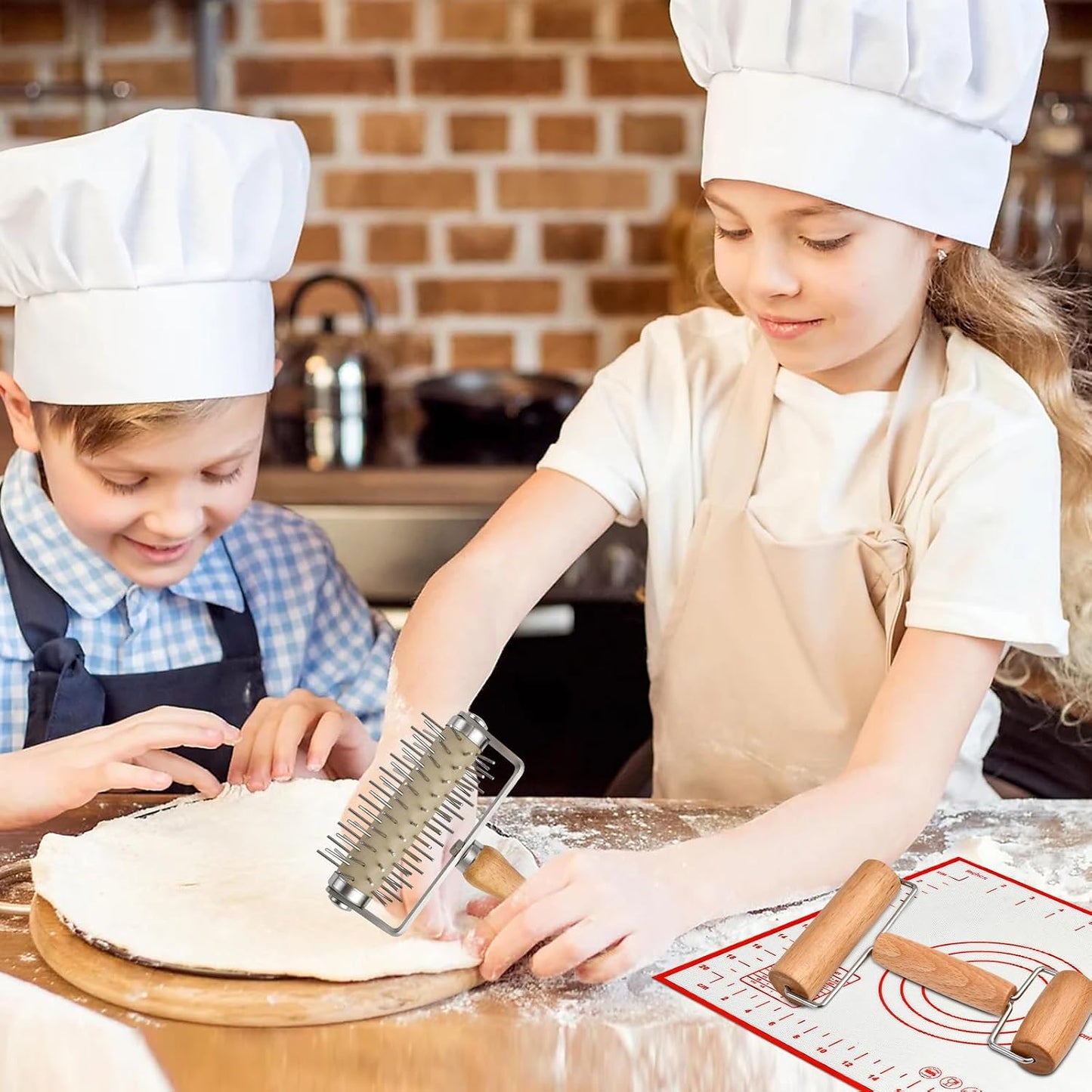Set of 3 Pizza Kit Including Stainless Steel Pizza Dough Roller, Wooden Docker Rolling Pin and Non-slip Silicone Baking Mat, Dough Hole Maker for Cookie Pie Pastry Crust