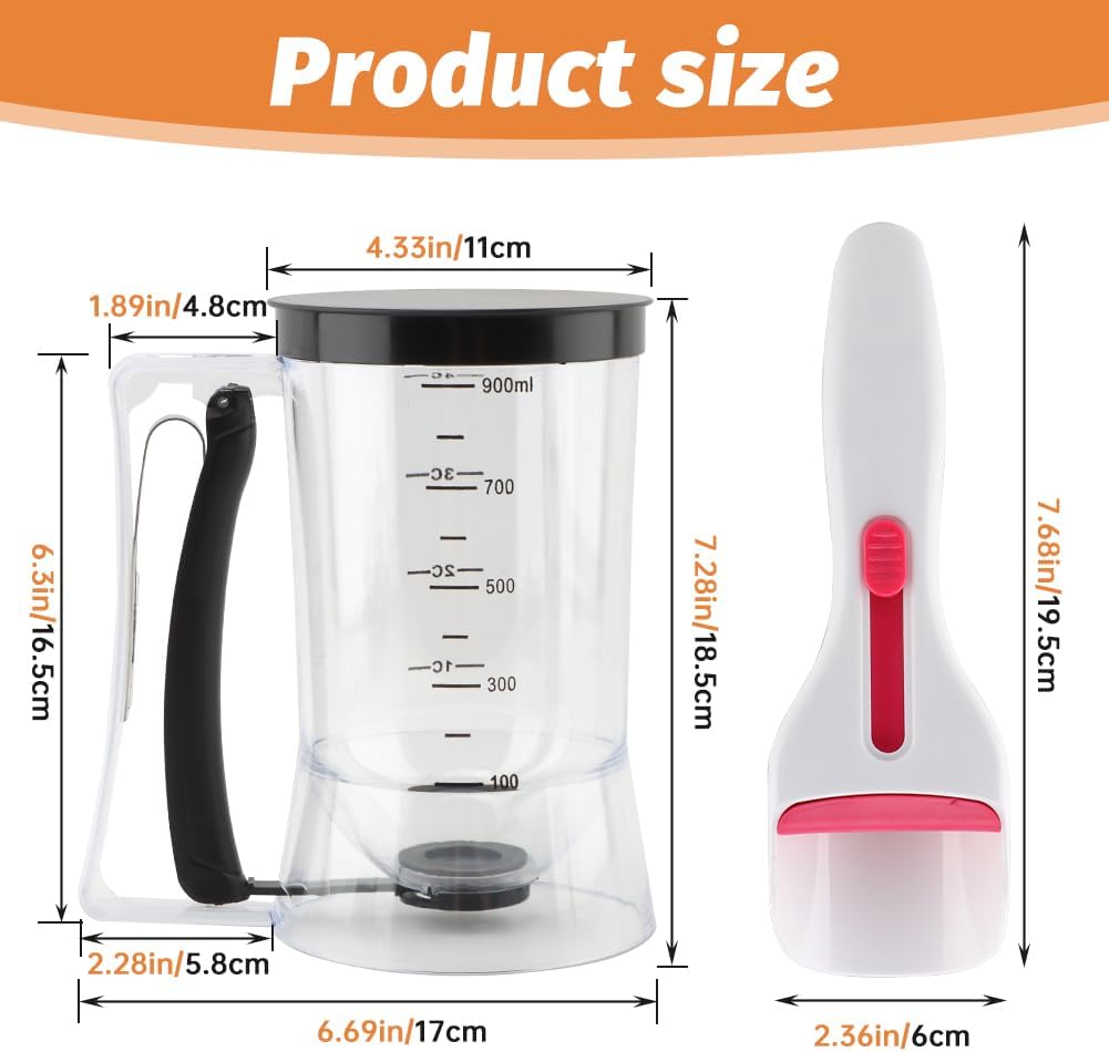 Pancake Batter Dispenser–4-Cup Batter Dispenser with Cupcake Scoop Batters Dispenser,Pancake Waffl Mix Dispenser with Squeeze Handle & Measuring Marks,for Cupcake,Muffins, Crepes
