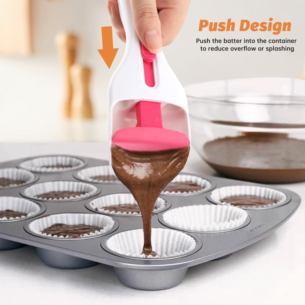 Pancake Batter Dispenser–4-Cup Batter Dispenser with Cupcake Scoop Batters Dispenser,Pancake Waffl Mix Dispenser with Squeeze Handle & Measuring Marks,for Cupcake,Muffins, Crepes