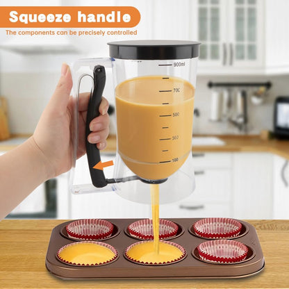 Pancake Batter Dispenser–4-Cup Batter Dispenser with Cupcake Scoop Batters Dispenser,Pancake Waffl Mix Dispenser with Squeeze Handle & Measuring Marks,for Cupcake,Muffins, Crepes