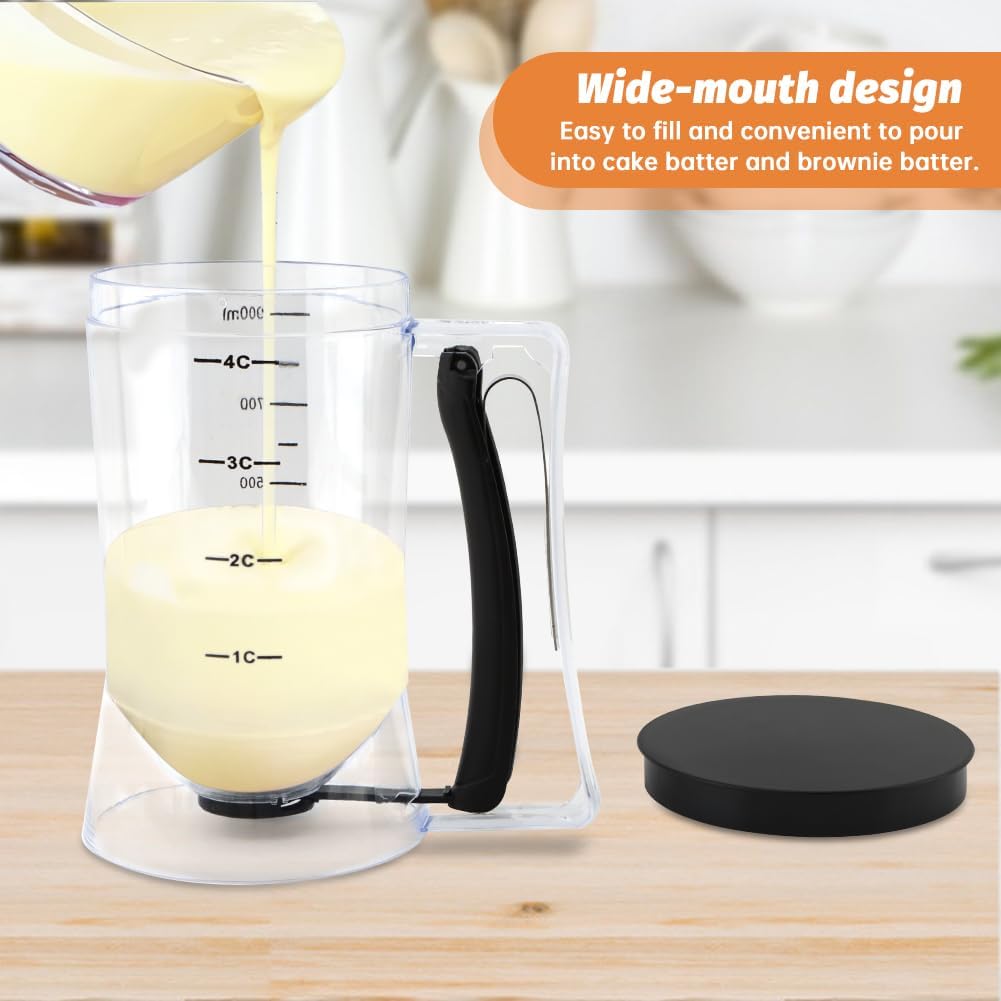 Pancake Batter Dispenser–4-Cup Batter Dispenser with Cupcake Scoop Batters Dispenser,Pancake Waffl Mix Dispenser with Squeeze Handle & Measuring Marks,for Cupcake,Muffins, Crepes