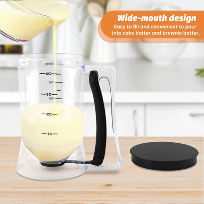 Pancake Batter Dispenser–4-Cup Batter Dispenser with Cupcake Scoop Batters Dispenser,Pancake Waffl Mix Dispenser with Squeeze Handle & Measuring Marks,for Cupcake,Muffins, Crepes
