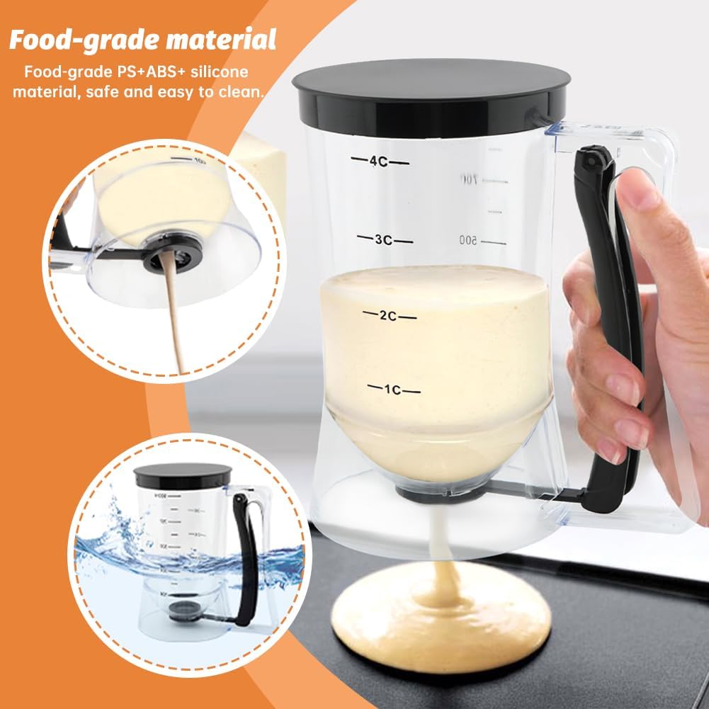 Pancake Batter Dispenser–4-Cup Batter Dispenser with Cupcake Scoop Batters Dispenser,Pancake Waffl Mix Dispenser with Squeeze Handle & Measuring Marks,for Cupcake,Muffins, Crepes