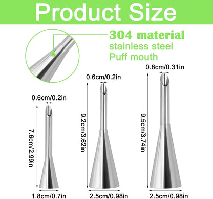 3 Pcs Puff Cream Filling Piping Tips Kit Stainless Steel Long Icing Piping Nozzle Tips With 50 Disposable Pastry Piping Bags and Tip Cleaning Brush for Filling Donuts Cupcakes Eclairs Decorating Tool