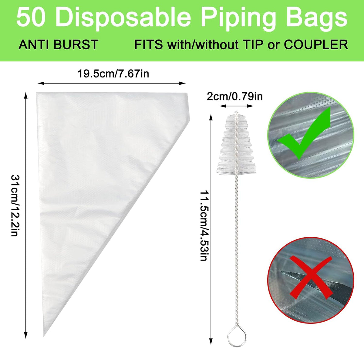 3 Pcs Puff Cream Filling Piping Tips Kit Stainless Steel Long Icing Piping Nozzle Tips With 50 Disposable Pastry Piping Bags and Tip Cleaning Brush for Filling Donuts Cupcakes Eclairs Decorating Tool
