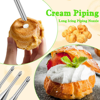 3 Pcs Puff Cream Filling Piping Tips Kit Stainless Steel Long Icing Piping Nozzle Tips With 50 Disposable Pastry Piping Bags and Tip Cleaning Brush for Filling Donuts Cupcakes Eclairs Decorating Tool