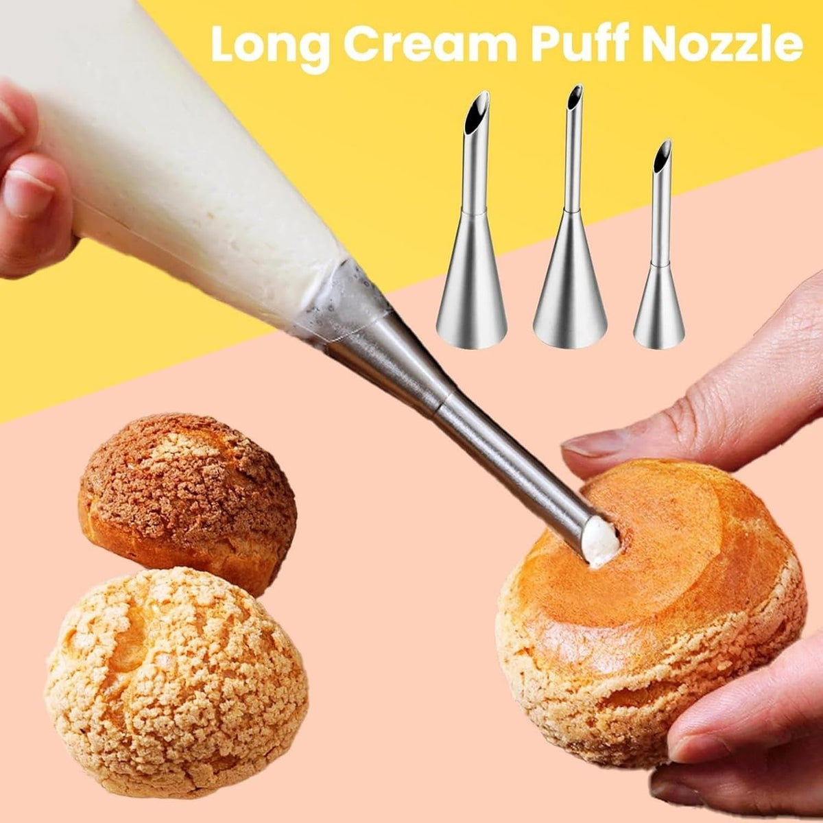 3 Pcs Puff Cream Filling Piping Tips Kit Stainless Steel Long Icing Piping Nozzle Tips With 50 Disposable Pastry Piping Bags and Tip Cleaning Brush for Filling Donuts Cupcakes Eclairs Decorating Tool