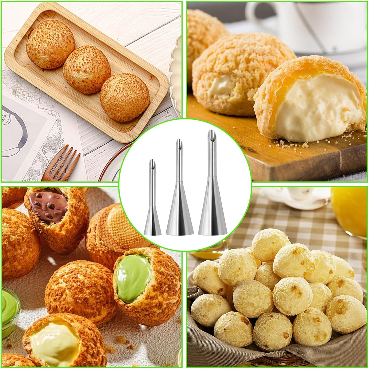 3 Pcs Puff Cream Filling Piping Tips Kit Stainless Steel Long Icing Piping Nozzle Tips With 50 Disposable Pastry Piping Bags and Tip Cleaning Brush for Filling Donuts Cupcakes Eclairs Decorating Tool