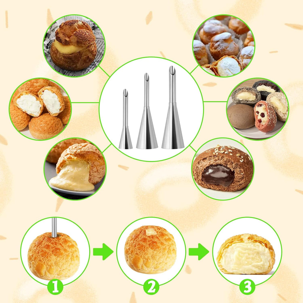 3 Pcs Puff Cream Filling Piping Tips Kit Stainless Steel Long Icing Piping Nozzle Tips With 50 Disposable Pastry Piping Bags and Tip Cleaning Brush for Filling Donuts Cupcakes Eclairs Decorating Tool