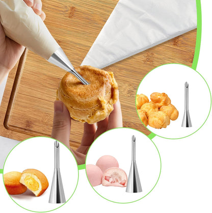 3 Pcs Puff Cream Filling Piping Tips Kit Stainless Steel Long Icing Piping Nozzle Tips With 50 Disposable Pastry Piping Bags and Tip Cleaning Brush for Filling Donuts Cupcakes Eclairs Decorating Tool