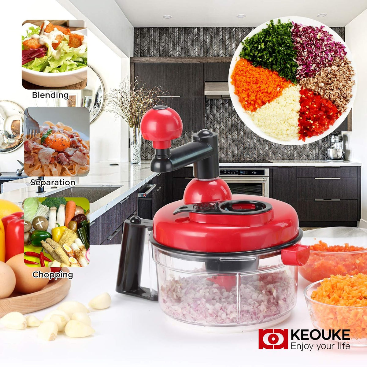 Hand Crank Food Chopper Red - Manual Food Processor with Egg Separator, Labor-Saving, Easy to Clean, Large Vegetable Mixer Blender for Onion, Garlic, Salad, Salsa, Nuts, Meat, Fruit, etc