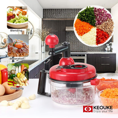 Hand Crank Food Chopper Red - Manual Food Processor with Egg Separator, Labor-Saving, Easy to Clean, Large Vegetable Mixer Blender for Onion, Garlic, Salad, Salsa, Nuts, Meat, Fruit, etc