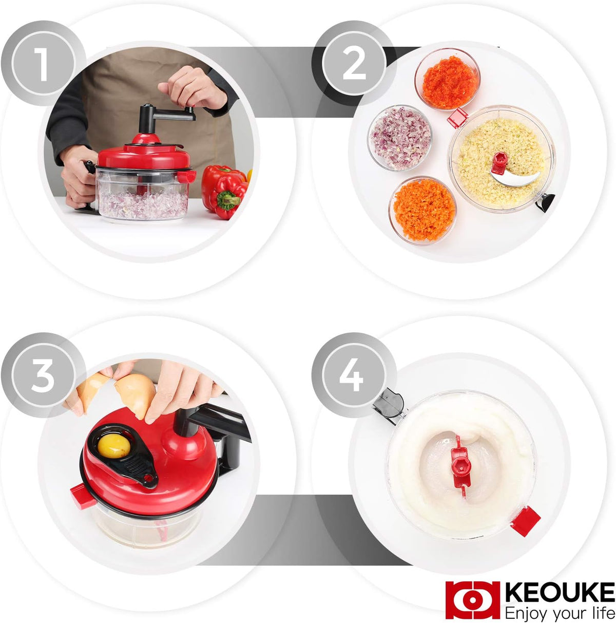 Hand Crank Food Chopper Red - Manual Food Processor with Egg Separator, Labor-Saving, Easy to Clean, Large Vegetable Mixer Blender for Onion, Garlic, Salad, Salsa, Nuts, Meat, Fruit, etc