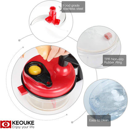Hand Crank Food Chopper Red - Manual Food Processor with Egg Separator, Labor-Saving, Easy to Clean, Large Vegetable Mixer Blender for Onion, Garlic, Salad, Salsa, Nuts, Meat, Fruit, etc
