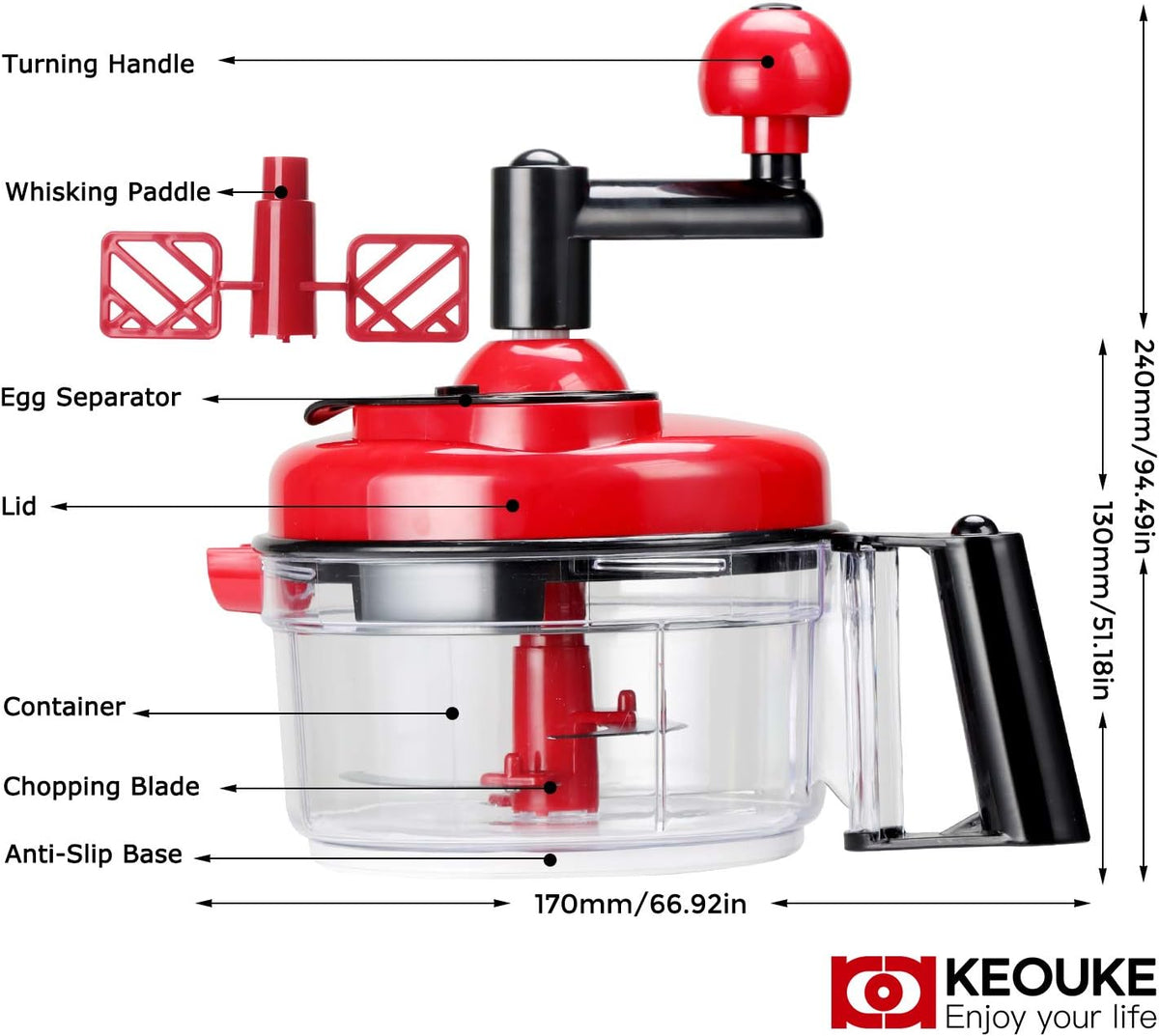Hand Crank Food Chopper Red - Manual Food Processor with Egg Separator, Labor-Saving, Easy to Clean, Large Vegetable Mixer Blender for Onion, Garlic, Salad, Salsa, Nuts, Meat, Fruit, etc