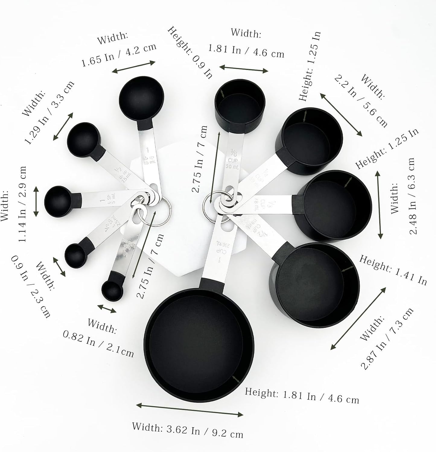 Black Measuring Cups & Spoons Set, Stackable Nesting Measuring Cups with Stainless Steel Handles, 10-Piece Kitchen Baking Tools