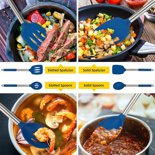 4 Pack Silicone Utensils Set，Non Stick Solid Spatulas, Slotted Spoons with Stainless Steel Handle，Spatulas for Cooking，Frying, Mixing, Serving -Blue