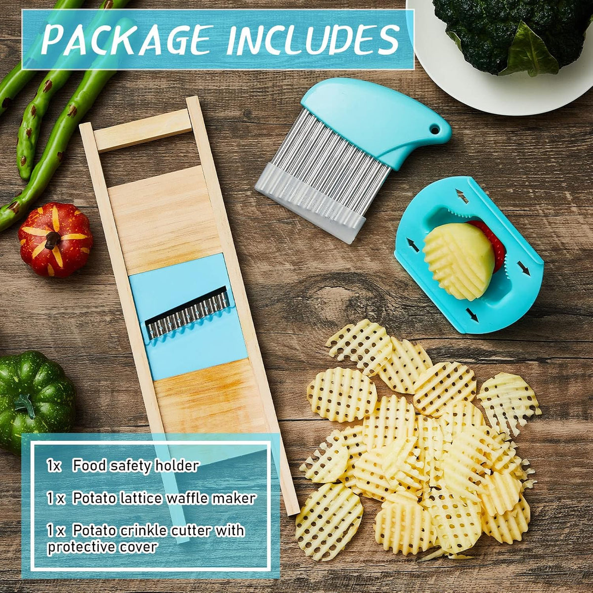 3 Pcs Waffle Fry Cutter Set Crinkle Cutter for Potatoes French Fry Lattice Maker Carrot Wavy Chopper Slicer Stainless Steel Knife with Protective Cover for Home Veggies Pickle Kitchen Food Safety