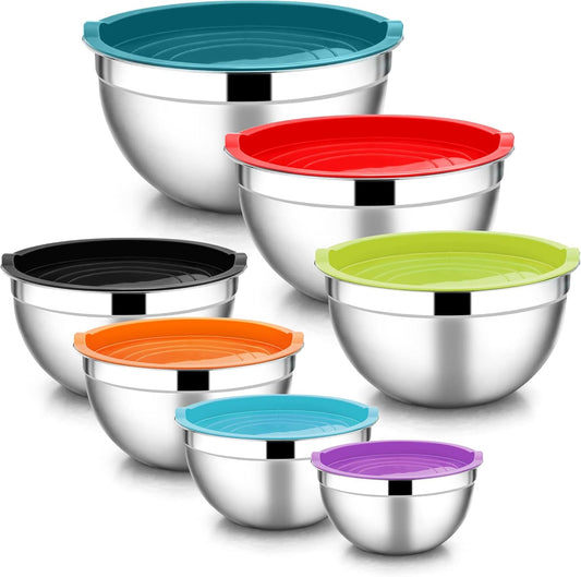 Stainless Steel Mixing Bowls with Lids, 7-Piece Metal Nesting Bowls with Colorful Airtight Lids for Saving Storage Space, Size 7, 4.6, 3, 2, 1.5, 1, 0.7QT, Great for Baking/Cooking/Prepping