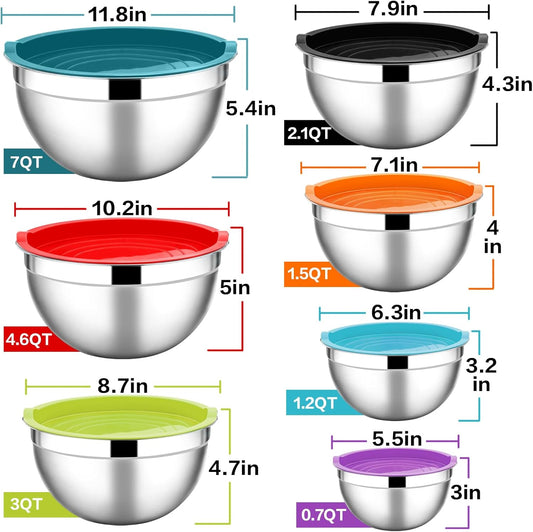 Stainless Steel Mixing Bowls with Lids, 7-Piece Metal Nesting Bowls with Colorful Airtight Lids for Saving Storage Space, Size 7, 4.6, 3, 2, 1.5, 1, 0.7QT, Great for Baking/Cooking/Prepping