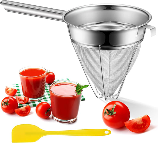 Stainless Steel Reinforced Bouillon Sieve Strainer Cone Fine Mesh Strainer with Handle and Rubber Pestle for Kitchen Food Cooking(8 Inch)