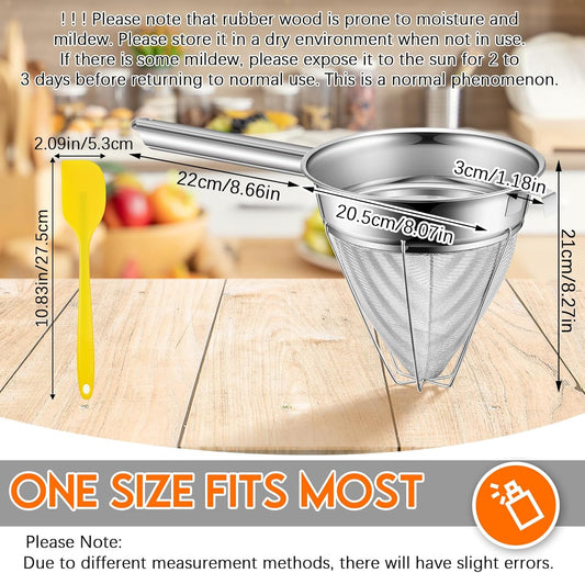 Stainless Steel Reinforced Bouillon Sieve Strainer Cone Fine Mesh Strainer with Handle and Rubber Pestle for Kitchen Food Cooking(8 Inch)