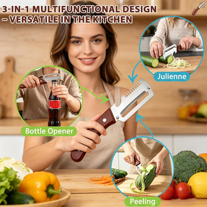 Premium Vegetable Peeler with Wooden Handle and Bottle Opener, 2026 New Multi-functional Vegetable Peeler, Kitchen Gadgets Tool for Fruit Pumpkin Peeling Potato Carrot Veggie Peeler
