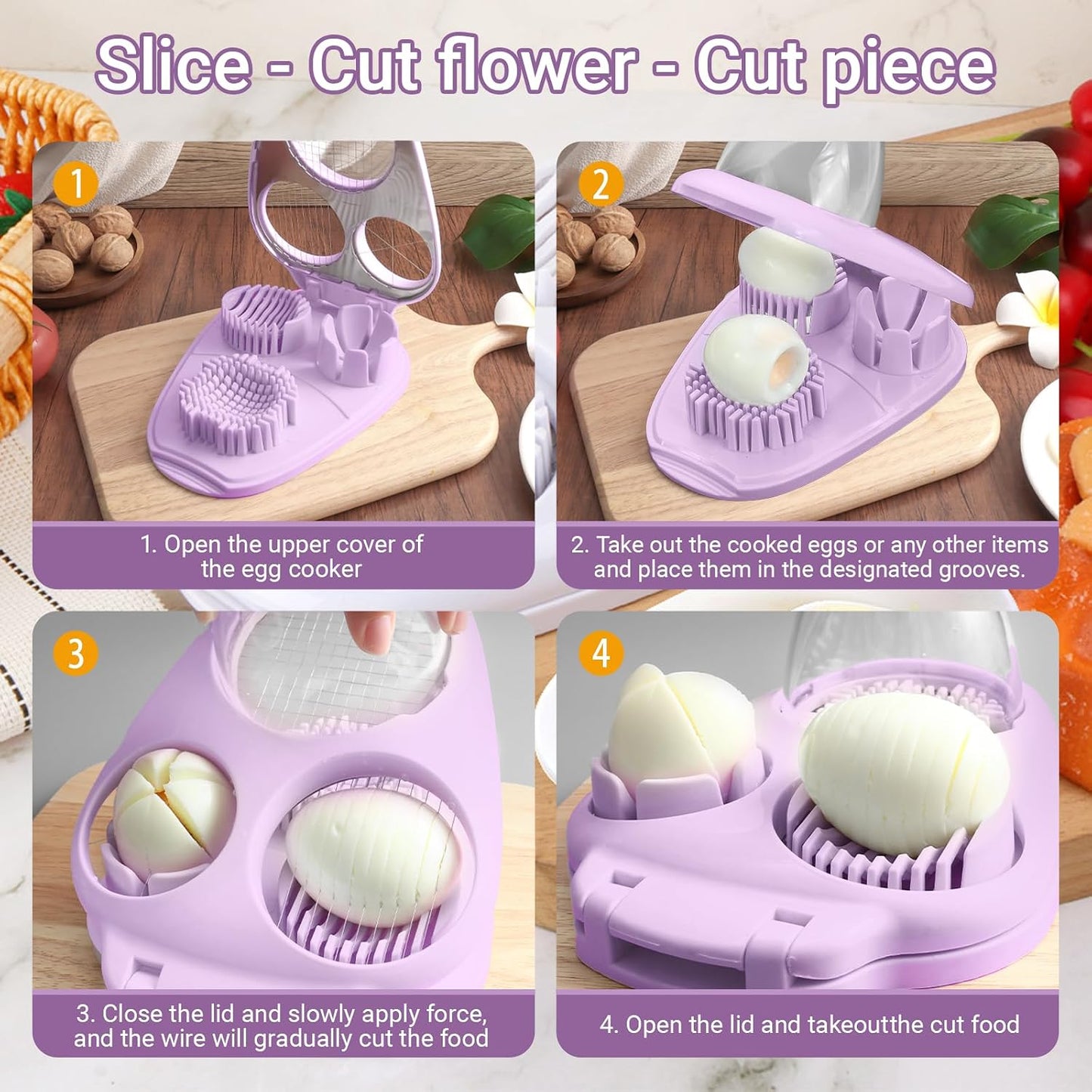 3 Slice Modes Egg Slicer for Hard Boiled Eggs, Stainless Steel Egg Cutter, 3-in-1 Kitchen Chopper Tool, Purple