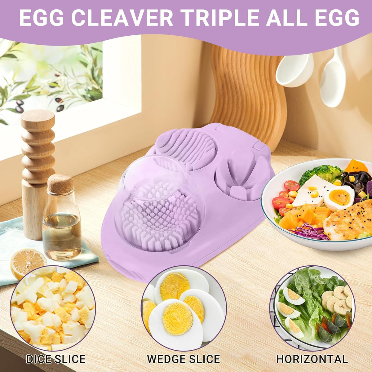 3 Slice Modes Egg Slicer for Hard Boiled Eggs, Stainless Steel Egg Cutter, 3-in-1 Kitchen Chopper Tool, Purple