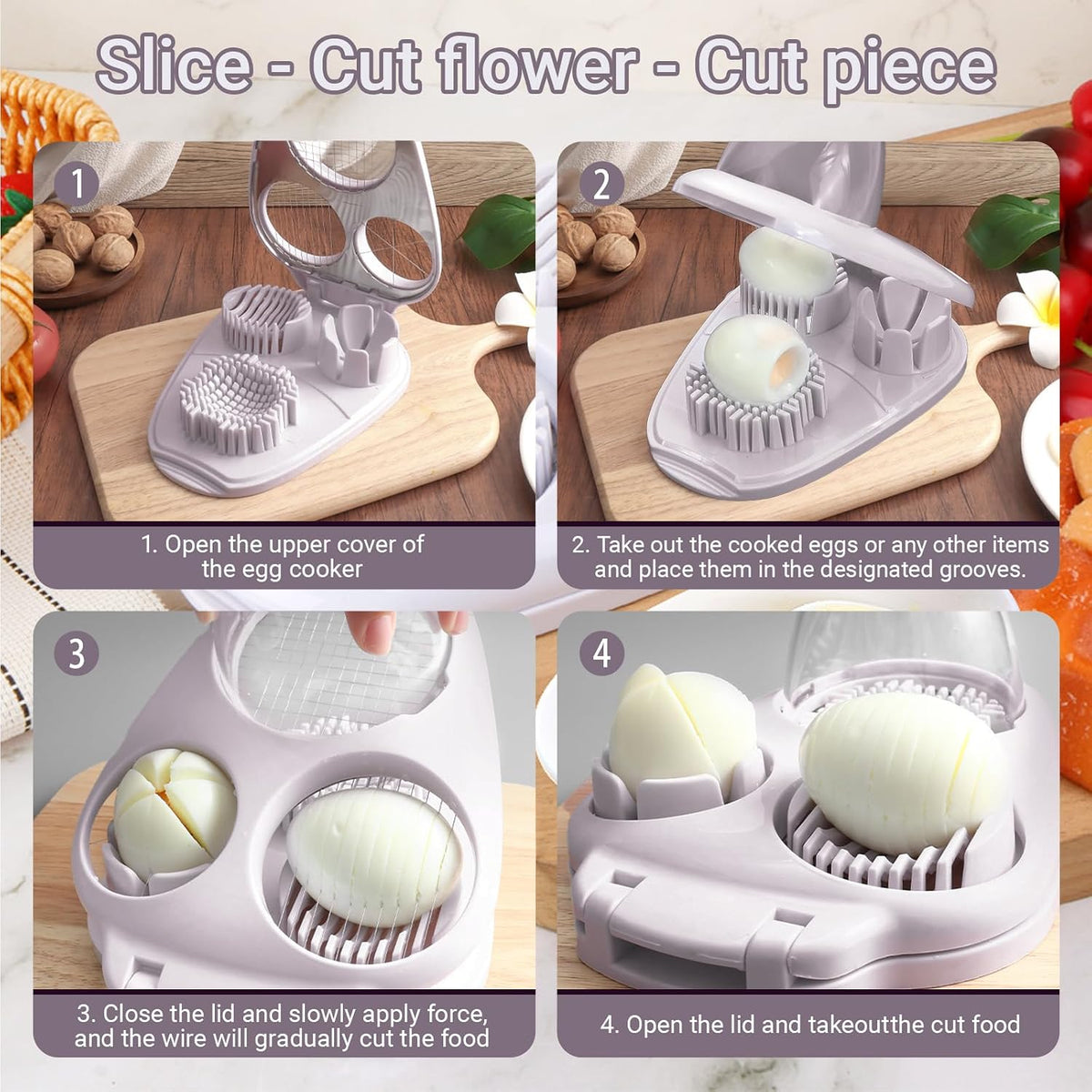 3 Slice Modes Egg Slicer for Hard Boiled Eggs, Stainless Steel Egg Cutter, 3-in-1 Kitchen Chopper Tool, Purple