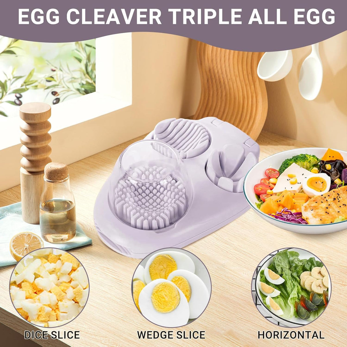 3 Slice Modes Egg Slicer for Hard Boiled Eggs, Stainless Steel Egg Cutter, 3-in-1 Kitchen Chopper Tool, Purple