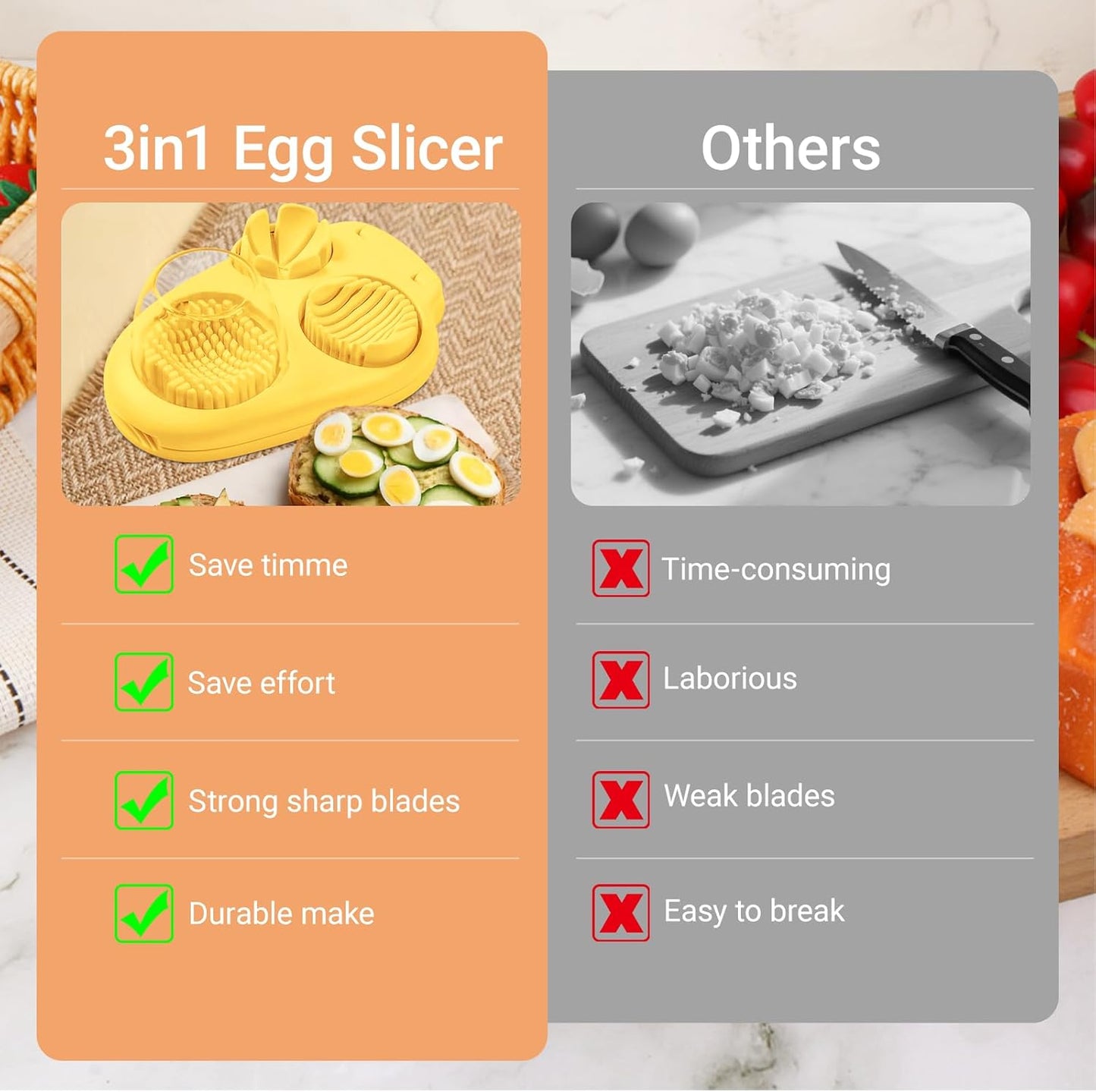 3 Slice Modes Egg Slicer for Hard Boiled Eggs, Stainless Steel Egg Cutter, 3-in-1 Kitchen Chopper Tool, Purple