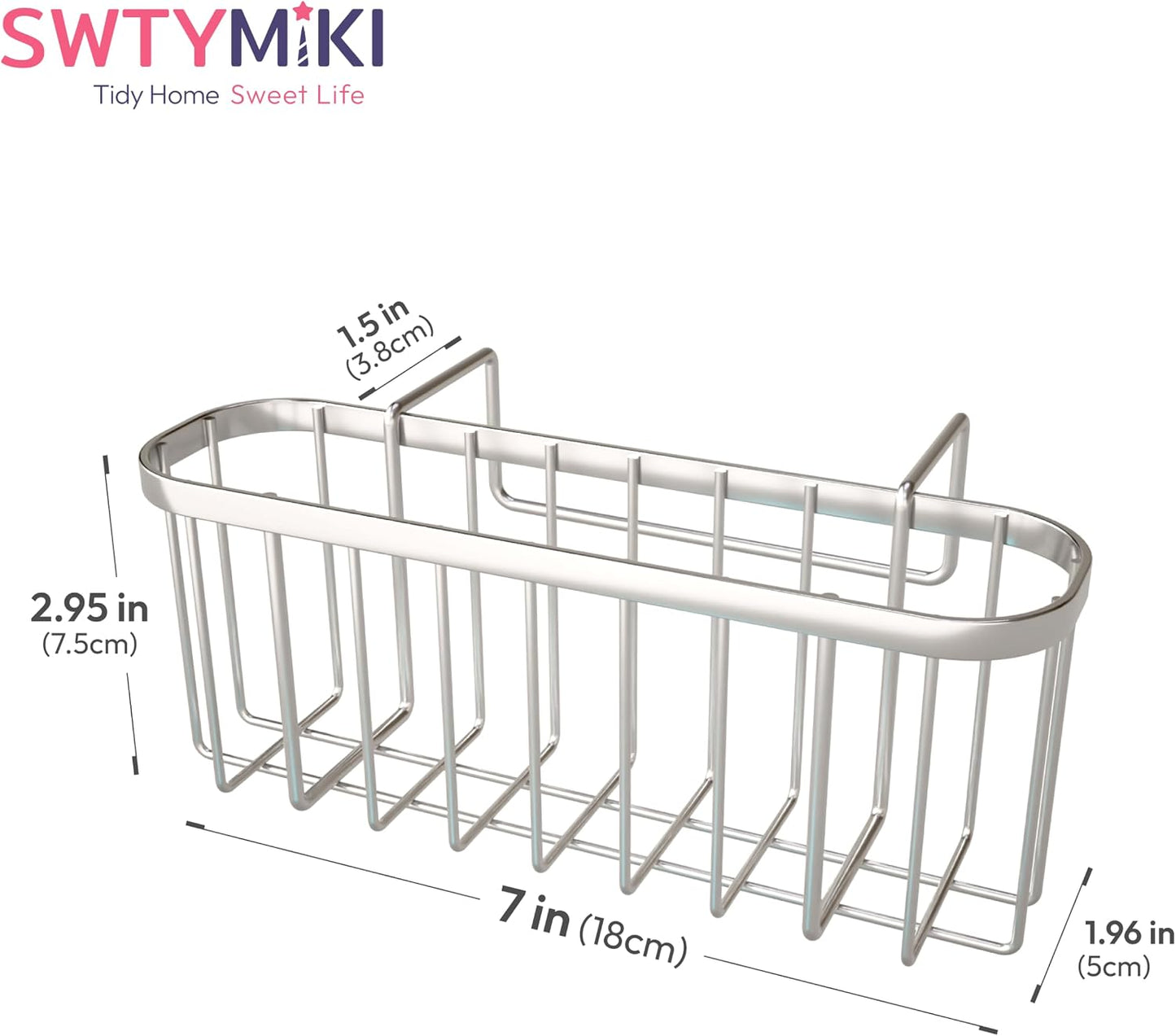 SWTYMIKI Sponge Holder for Kitchen Sink, Movable Kitchen Sink Caddy with Compact Size Rustproof and Waterproof Hanging Sponge Caddy for Double Bowl Sinks, Silver