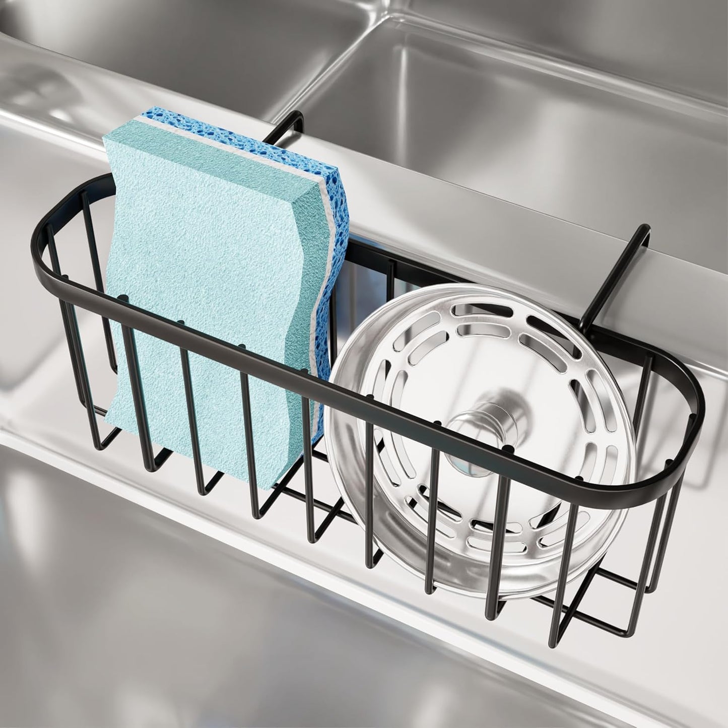 SWTYMIKI Sponge Holder for Kitchen Sink, Movable Kitchen Sink Caddy with Compact Size Rustproof and Waterproof Hanging Sponge Caddy for Double Bowl Sinks, Silver