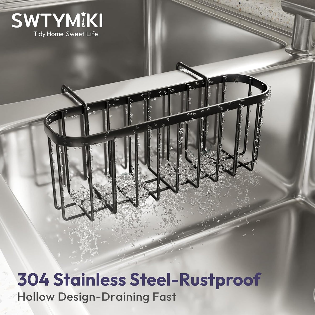 SWTYMIKI Sponge Holder for Kitchen Sink, Movable Kitchen Sink Caddy with Compact Size Rustproof and Waterproof Hanging Sponge Caddy for Double Bowl Sinks, Silver