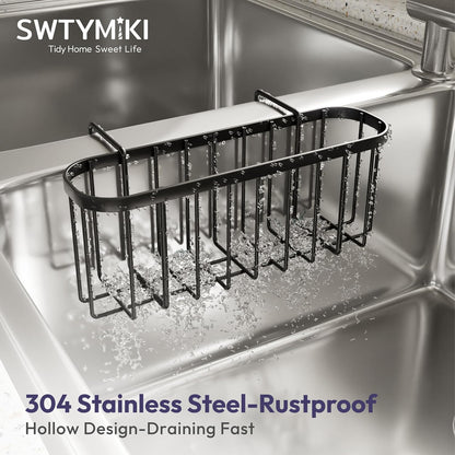 SWTYMIKI Sponge Holder for Kitchen Sink, Movable Kitchen Sink Caddy with Compact Size Rustproof and Waterproof Hanging Sponge Caddy for Double Bowl Sinks, Silver