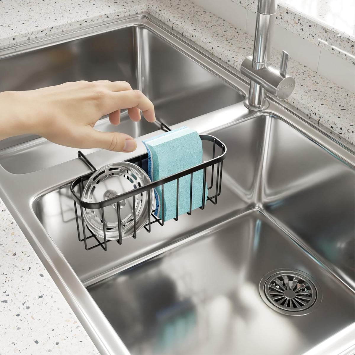 SWTYMIKI Sponge Holder for Kitchen Sink, Movable Kitchen Sink Caddy with Compact Size Rustproof and Waterproof Hanging Sponge Caddy for Double Bowl Sinks, Silver